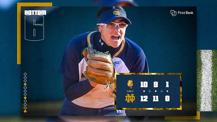 Baseball score template with blurred diamond field background, player action photo, inning-by-inning scoring grid with team logos, and sponsor area. Navy and gold color scheme with score display for multiple formats.
