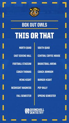 This or That interactive template with blue background, gold dashed border, and team logo at top. Features white title text and two-column layout listing opposing options like locations and events for fans to choose between.