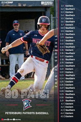 Vertical sports schedule template with blue background, featuring a player photo on top, large text section for team name, and a grid for game dates and opponents below.