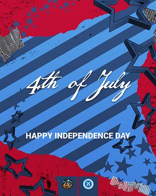 Holiday template featuring a vibrant red and blue background with diagonal stripes, star graphics, and space for text highlighting Independence Day celebrations.
