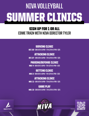Vertical clinic letter template featuring purple background, bold title at the top, sections for clinic details and pricing, and a QR code at the bottom for sign-ups.