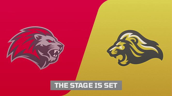 Logo Matchup template with split-screen design: blue section on left with team logo, red section on right with opposing team logo, creating a versus layout. Available in landscape, Instagram 4:5, and Story formats.