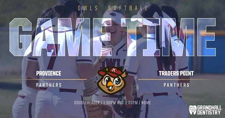 Multi-format gameday template featuring a bold "GAMETIME" title overlay on a softball team huddle image. Sections for team names, doubleheader times, and logo placeholders.