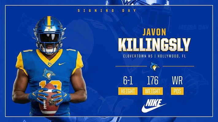 Signing Day player spotlight template with bold blue background, athlete photo on left in uniform holding football, player name and location text on right, statistics displayed in yellow banners, and team logo accent