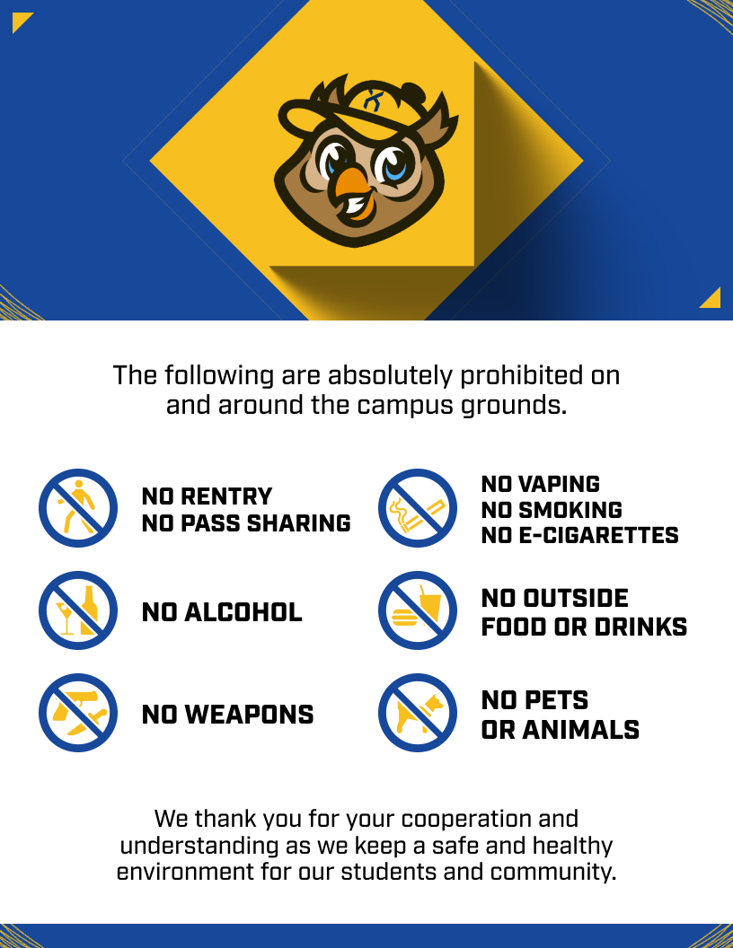 Campus rules template with purple and teal geometric design, mascot logo at top, and six prohibition icons arranged in grid showing no reentry, vaping, alcohol, outside food/drinks, weapons, and pets with explanatory text below