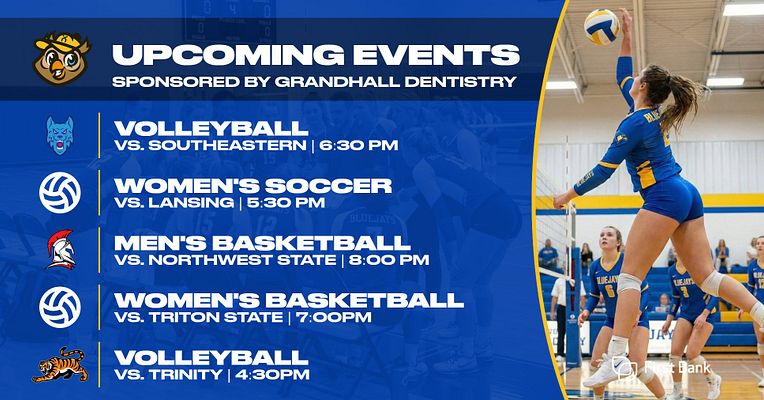 Upcoming events template with blue background featuring team logo, sponsor text at top, vertical list of five sports events with team logos and opponent matchups on left, and large action photo placeholder on right showing athlete in blue uniform