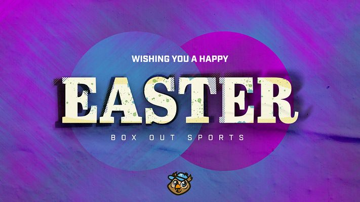 Easter template featuring a vibrant purple gradient background, large text saying 'EASTER' in white and colored letters, with a smaller message above and logo below.