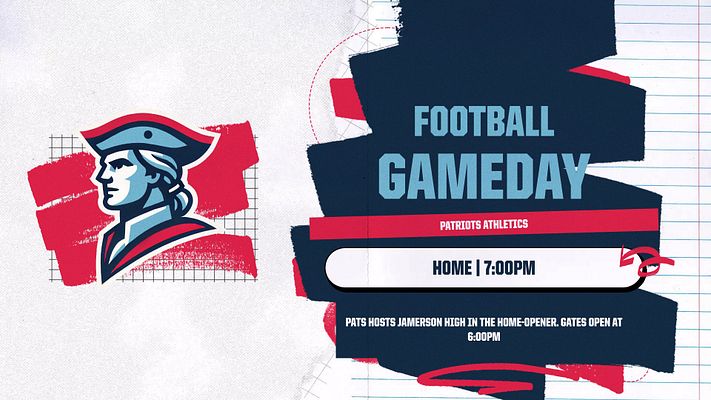 Game day template with team logo on left, bold blue headline area with red accent bands, and text sections for opponent, time, and event details. Multi-color scheme with geometric design elements.