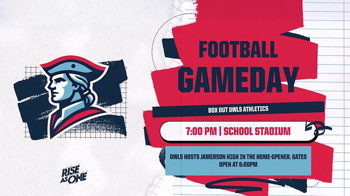 Landscape motion template for football game day graphics with blue and gold color scheme. Features mascot character on left, bold "FOOTBALL GAMEDAY" title on right, team logo area, time and location banner, event details section, and sponsor placement. Designed for widescreen video highlights and announcements.