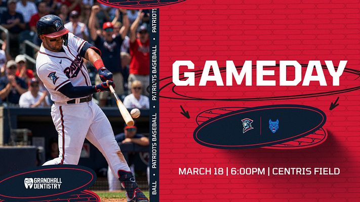Game day template with red background, baseball player photo on left, large white 'GAMEDAY' text, team logos in oval shape, and event details section showing date, time, and venue on right side