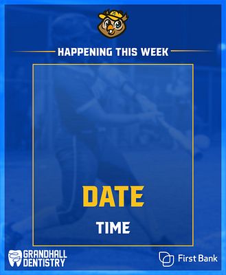 Vertical schedule template with blue background, team logo at top, grid layout displaying upcoming games with team mascot icons, dates and times. Designed for Instagram featuring homestand schedule with sponsor logos at bottom.
