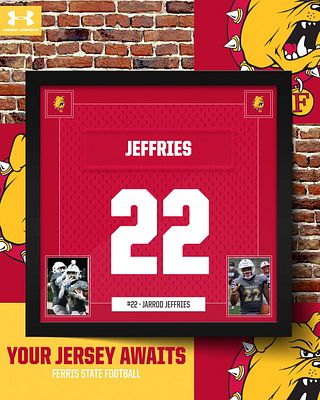 Jersey frame template with a red jersey background, player name and number prominently displayed, two photo placeholders, and sports-themed graphics, designed for recruitment announcements.