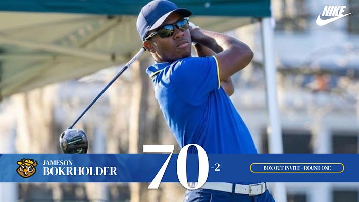 Final score golf template with player photo spanning upper two-thirds, blue and navy color scheme, large white score display (70-2) at bottom center, player name and logo banner on lower left, and event details box on lower right