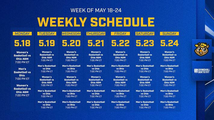 Weekly schedule template with a blue background, featuring column layout for each day of the week, bold header for 'Weekly Schedule,' and space for event times and details.