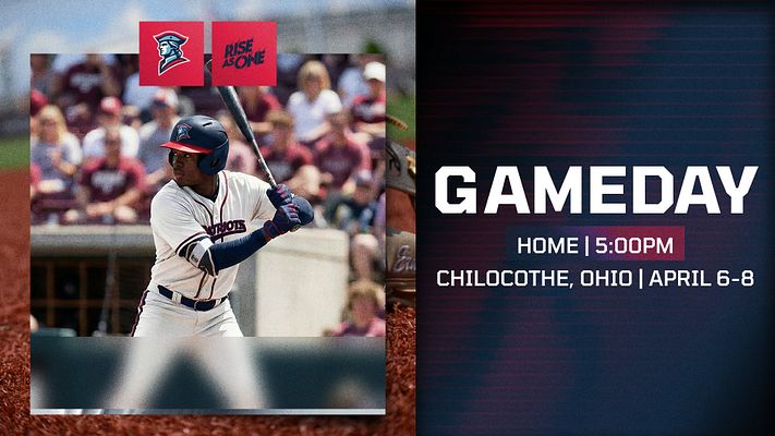 Game day template with photo on left side, team logo badges, and right side featuring white headline text with customizable event details like time, location, and dates on striped background.