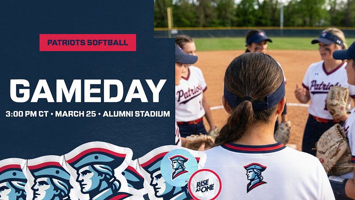 Gameday template featuring a dark blue side panel with bold white text, large photo area of players, and decorative sticker elements with team logo and colors.