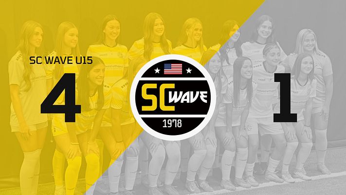Soccer score template with split yellow and gray layout showing team photos on each side, large score numbers (4 and 1), team names above scores, and circular league logo in center