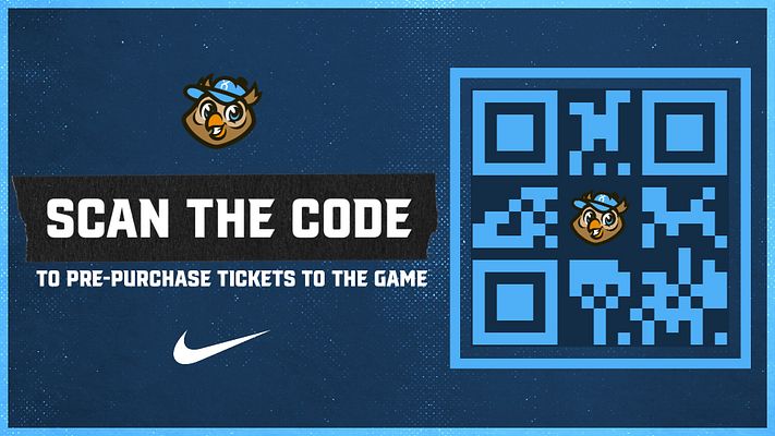 QR code template with dark blue and halftone background, large branded QR code on right with bright blue border and logo in center, left side features white text reading 'SCAN THE CODE' and call-to-action below, branded mascot logo and Nike swoosh visible, designed for multiple formats