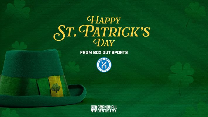 St. Patrick's Day template with green background, prominent text greeting, a green hat graphic, logo areas, and festive clovers, designed for social media sharing.