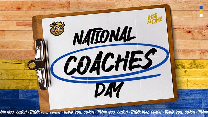 Coaches Day schedule template featuring clipboard aesthetic with wood grain background, white paper area displaying text with blue accent circles, team logo placeholder, brand logo space, and yellow and blue color accents. Designed for Instagram, Story, and landscape formats.
