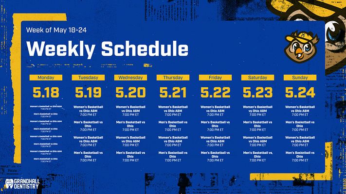 Weekly schedule template with blue background, large title at the top, and day columns listing events with dates and times, suitable for newspaper layouts.