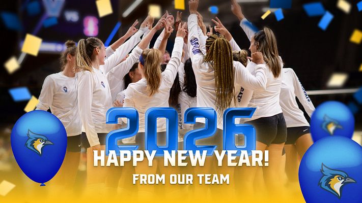 Festive New Year’s celebration template featuring glass-style text '2026' and 'HAPPY NEW YEAR!' on a colorful background with balloons and confetti.
