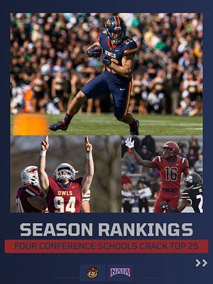 Multi-panel ranking template with dark blue background, large player photo area at top, smaller team photos below, and gold text reading 'Season Rankings' with red banner for conference details. Designed for ranking graphics on Instagram, Twitter, and Facebook.