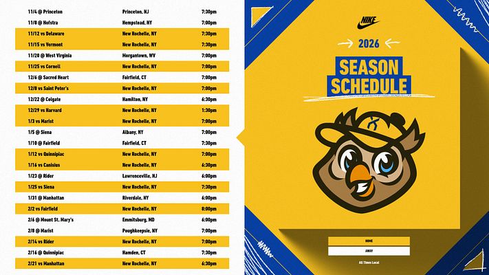 Schedule template featuring yellow and blue color scheme, left side with game dates and times listing, right side with team logo and '2026 Season Schedule' title.