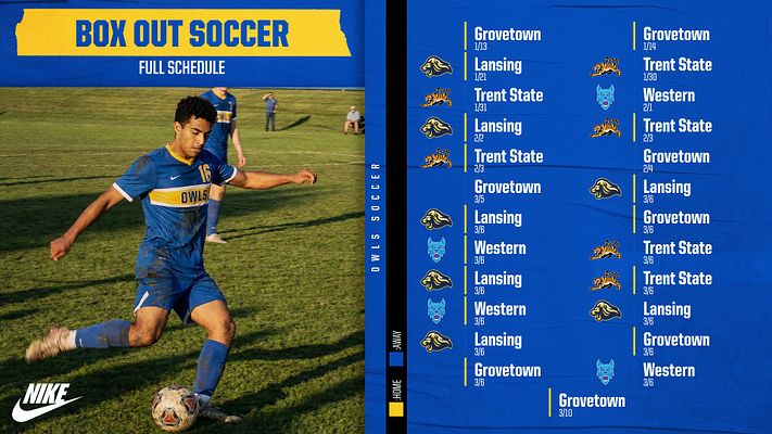 Vertical sports schedule template with a left photo area showcasing an athlete in action, and a right column listing game dates and opponents in blue and yellow colors.