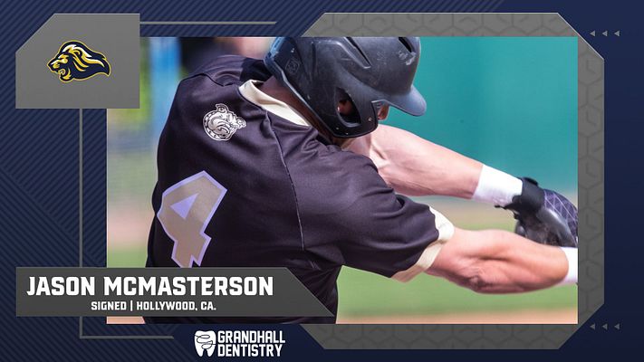 Dynamic trading card template with an action shot on the right, name and signing details at the bottom, logo in top left, and dark blue color scheme. Designed for player spotlight.