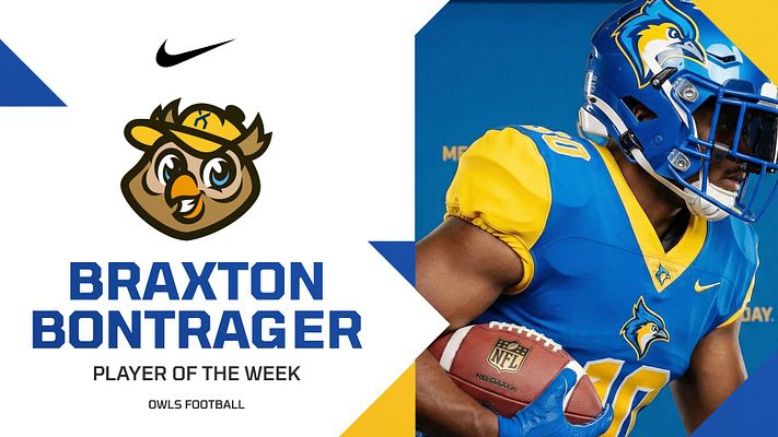 Player spotlight template with blue and yellow color scheme, featuring left side with team logo, player name banner, and text areas, right side with large player photo in football uniform holding ball