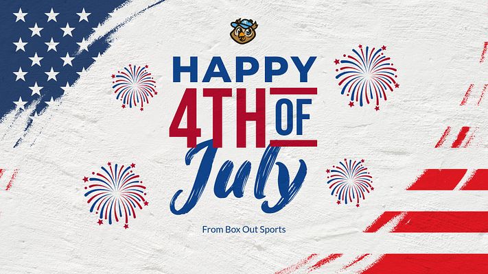 4th of July template with patriotic design featuring blue and red fireworks, American flag elements in corners, and customizable text area for brand name. Light background with stars and striped flag graphics, suitable for social media and sports graphics.