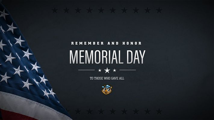 Memorial Day template featuring a dark background, American flag on the left, and central text area with 'Remember and Honor' and 'Memorial Day' in bold. Designed for holiday observance.