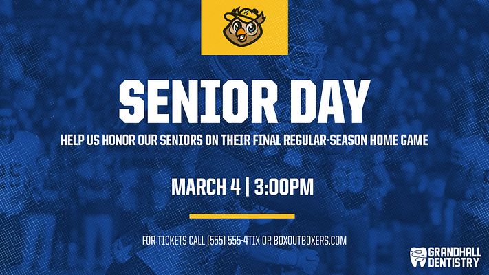 Game day promotion template with dark blue textured background, bulldog logo at top, large white headline text, event date and time, and ticket information at bottom for sports matches and meets