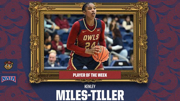 Player spotlight template with an ornate gold frame enclosing an athlete's photo, featuring 'PLAYER OF THE WEEK' text above and name banner below, set against a textured dark blue background.