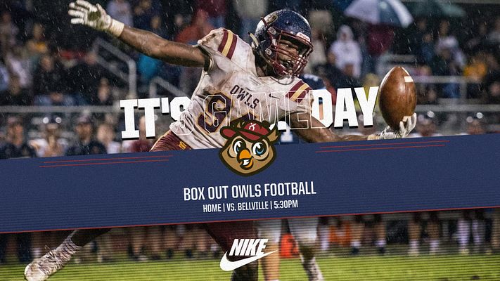 Sports graphic template with dynamic cutout design. Features action shot on the left, layered text for game day announcement and matchup details on a dark blue banner at the bottom.