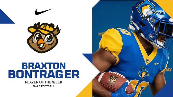 Player spotlight template with blue and yellow color scheme, featuring left side with team logo, player name banner, and text areas, right side with large player photo in football uniform holding ball