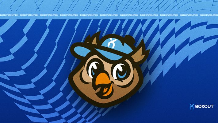 Logo template featuring cartoon owl mascot head with red cap on navy and red diagonal striped background. Includes repeated text header and brand lockup. Available in landscape, Instagram, and story formats.