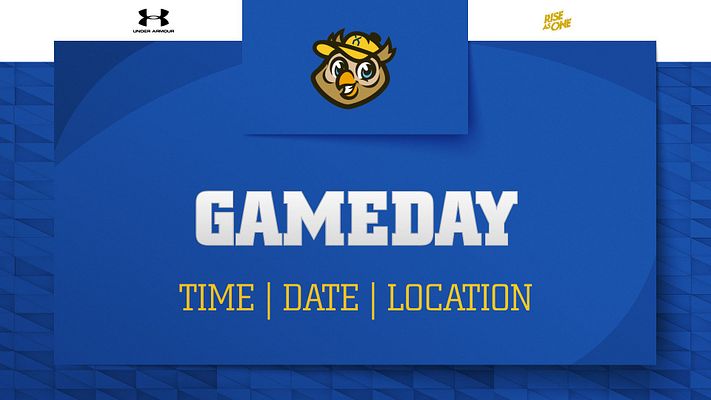 Announcement template with blue background, bold 'GAMEDAY' text centered, space for time, date, and location below, featuring logo area at top and supporting text area.
