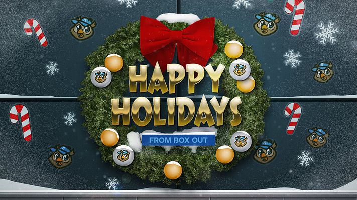 Holiday graphic template featuring a lush green wreath, festive red bow, and bold 'Happy Holidays' text. Snowflakes and candy canes adorn the background, ideal for social media.