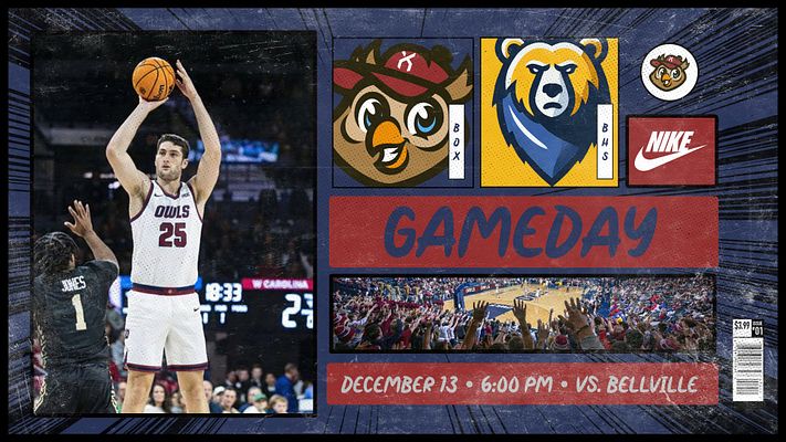 Multi-format gameday template with comic book style, featuring player action photo, team logos, gameday title, and event details at the bottom in red against a dark background.