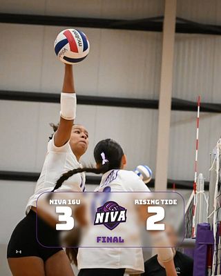 Volleyball score template with blurred action photo background, displaying team names and scores with NIVA logo, designed for final score updates on social media