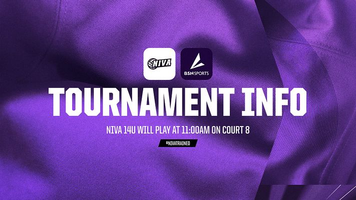 Tournament info template with purple jersey mesh background, dual logos at top, bold white headline text area, subtitle for game details, and hashtag banner for team branding. Available in landscape and portrait formats.