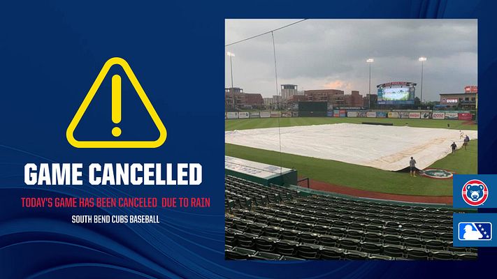 Weather delay notification template with dark blue background, yellow warning triangle icon on left, large 'GAME CANCELLED' text, and rainy baseball field photo on right. Includes space for team name and reason for cancellation. Available in landscape, Instagram, and Story formats.