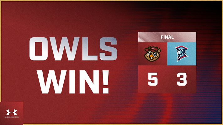 Score update template with fractal glass effect, red and blue gradient background, large "OWLS WIN!" text on left, team mascot logos, final score display (5-3), and logo space. Available in landscape, Instagram, and story formats.