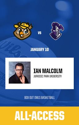 Game credential template with portrait orientation featuring team logos at top, date display, headshot photo area on left with name and university text on right, and all-access pass section at bottom with navy background