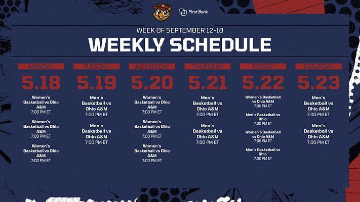 Weekly schedule template featuring a blue header with bold text, grid layout for each day of the week, and spaces for game details like teams and times in yellow boxes.