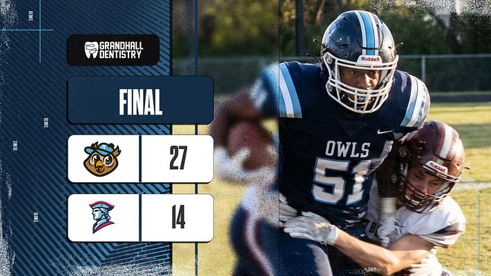 Score update template with frosted glass effect featuring a full-width sports photo on right, dark blue left panel with team logos, final score display, and organization branding. Designed for multiple social media formats including landscape, square, and story sizes.