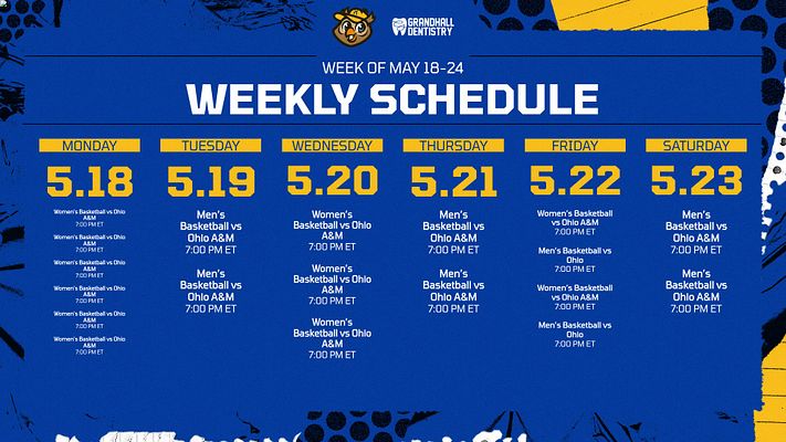 Weekly schedule template featuring a blue header with bold text, grid layout for each day of the week, and spaces for game details like teams and times in yellow boxes.