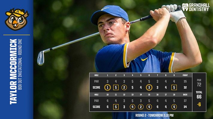 Golf scorecard template featuring 18-hole scoring grid with golfer photo, sponsor logo, player name and branding on left side, blue and white color scheme, designed for social media sharing of tournament results